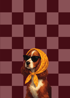 Diseño del catálogo: mascota con pañuelo amarillo y gafas