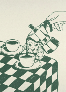 Diseño del catálogo: mascota junto a una cafetera, en verde