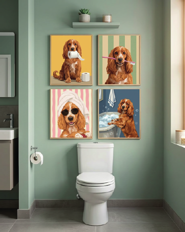 Composición de cuatro cuadros Splash en un baño de paredes verdes